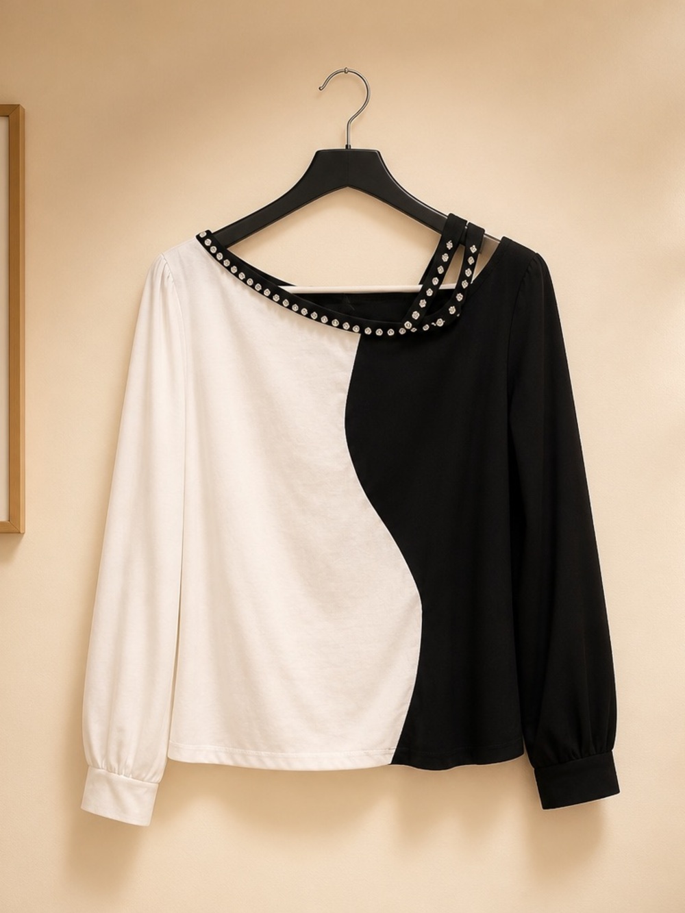 Black & White Asymmetric Stud-Trim Long Sleeve Tee